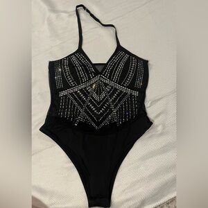 Black Bodysuit with Rhinestone detailing.